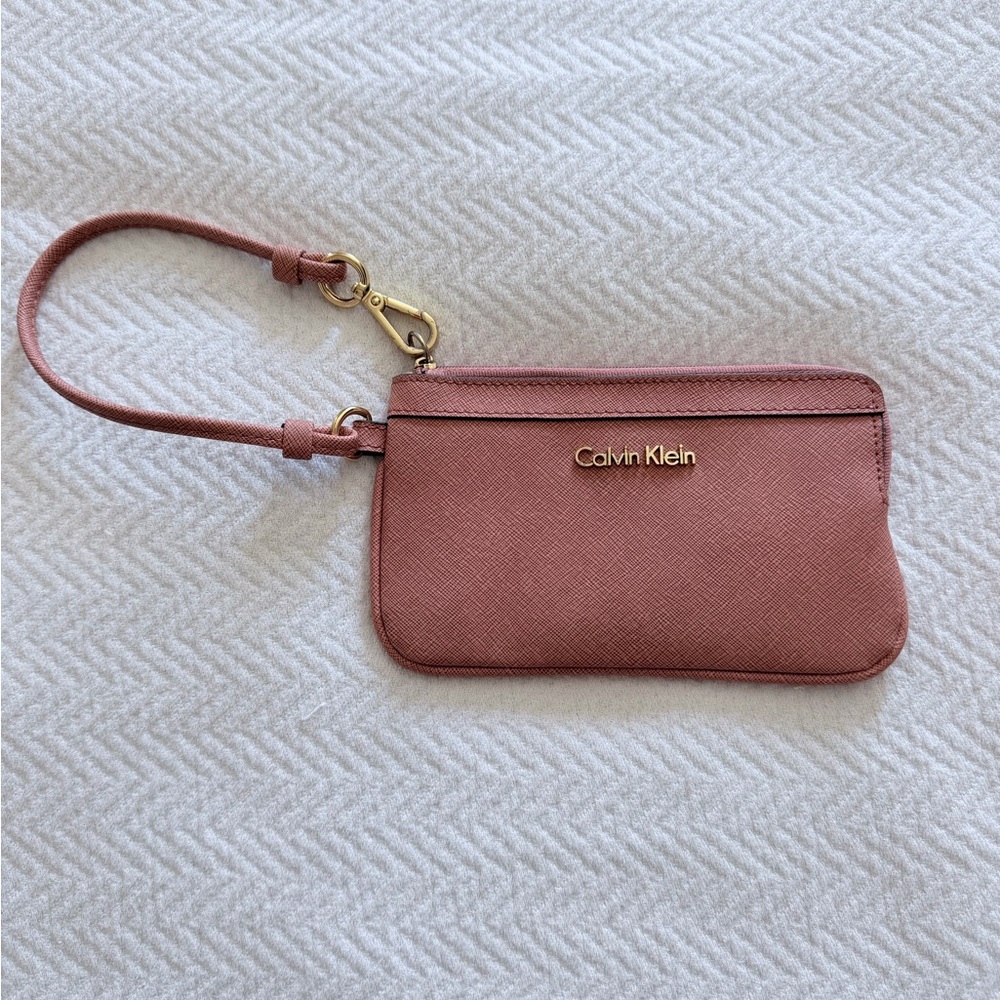 Calvin Klein Dusty Rose Wristlet Leather Clutch with Gold Hardware Like New